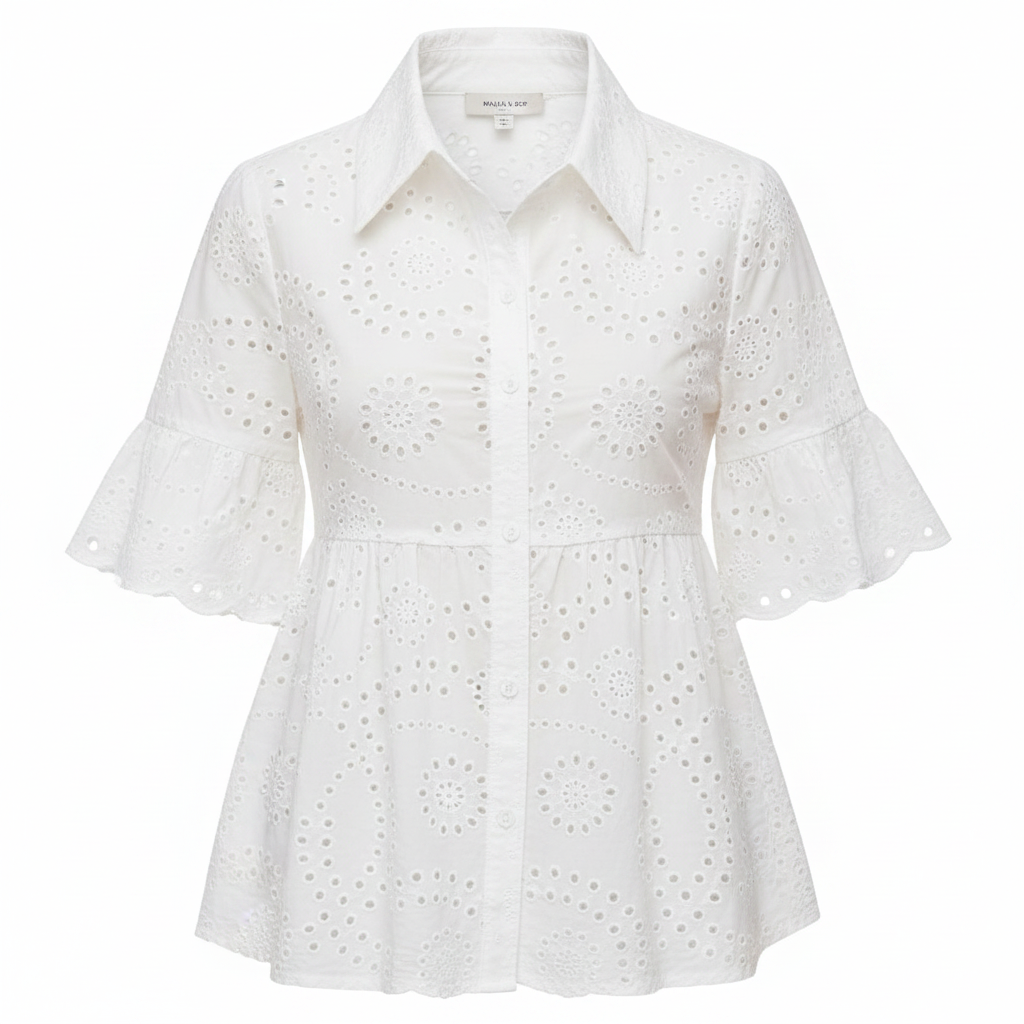 White embroidered peplum blouse with ruffled sleeves and button-front collar