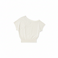 White one-shoulder knit top with floral applique and short batwing sleeves