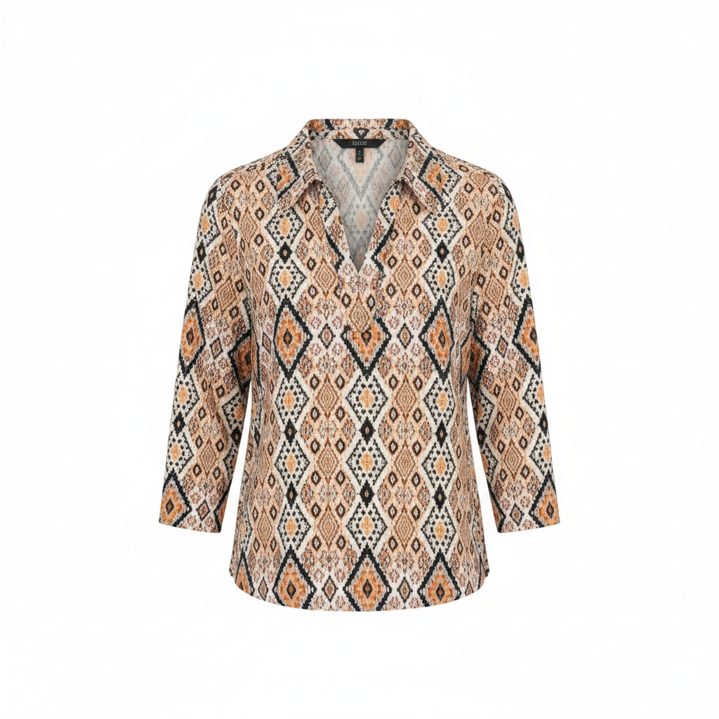 Women's polo shirt with V-neck and 3/4 sleeves, orange and white geometric print.