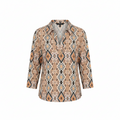 Women's polo shirt with V-neck and 3/4 sleeves, orange and white geometric print.