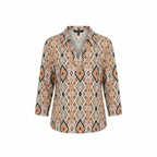 Women's polo shirt with V-neck and 3/4 sleeves, orange and white geometric print.