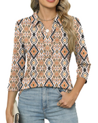 Women's polo shirt with V-neck and 3/4 sleeves, orange and white diamond print.
