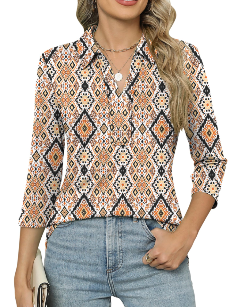 Women's polo shirt with V-neck and 3/4 sleeves, orange and white diamond print.