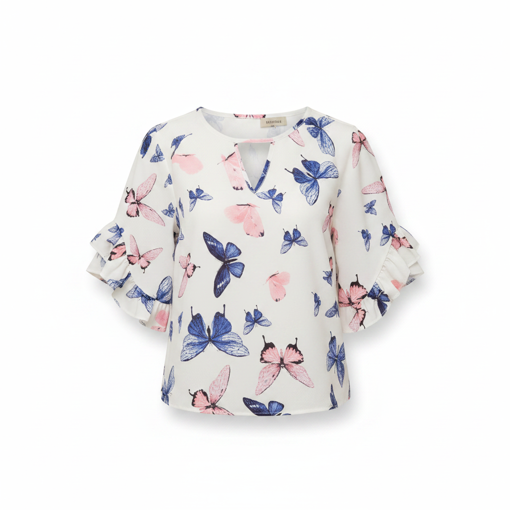 White floral butterfly blouse with round neck and loose short sleeves, ruffled cuffs