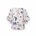 White floral butterfly blouse with round neck and loose short sleeves, ruffled cuffs