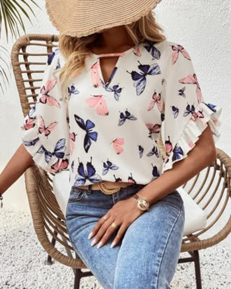 White butterfly print blouse with loose fit and flared ruffle short sleeves