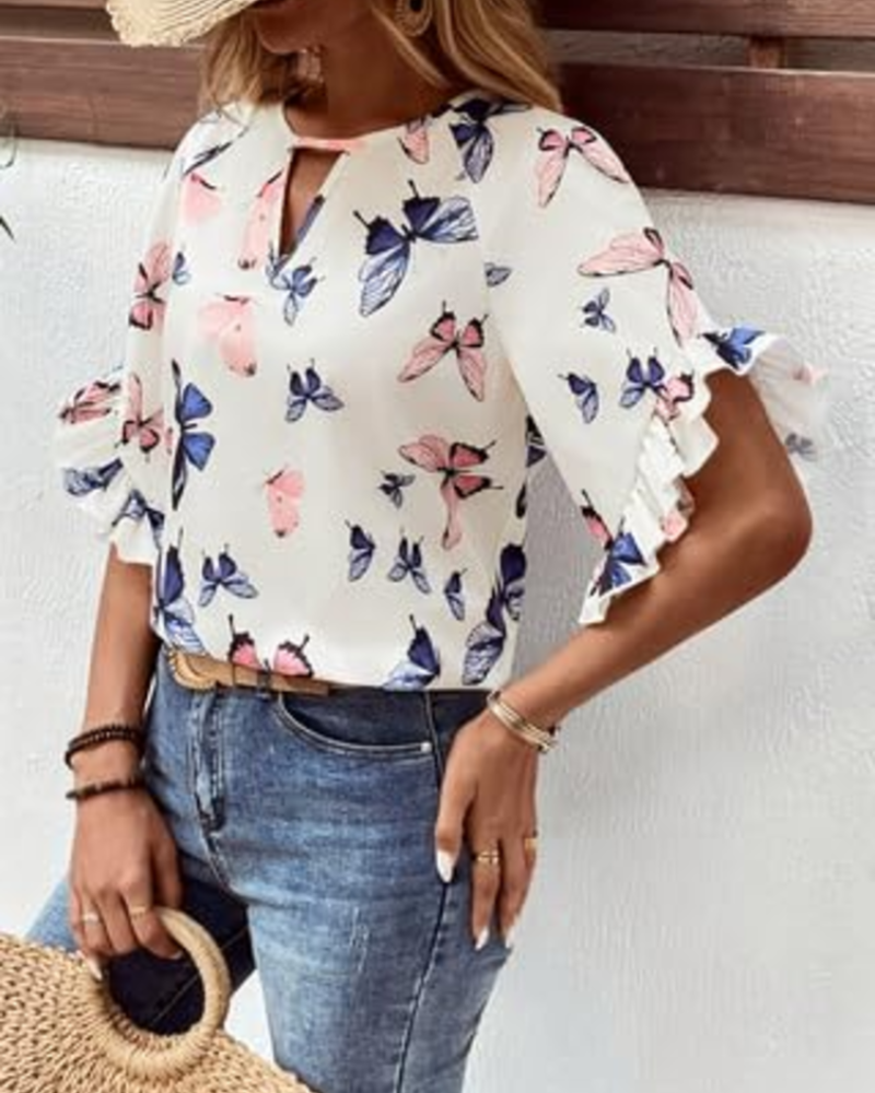 White floral butterfly blouse with notch neckline and fluttering short sleeves