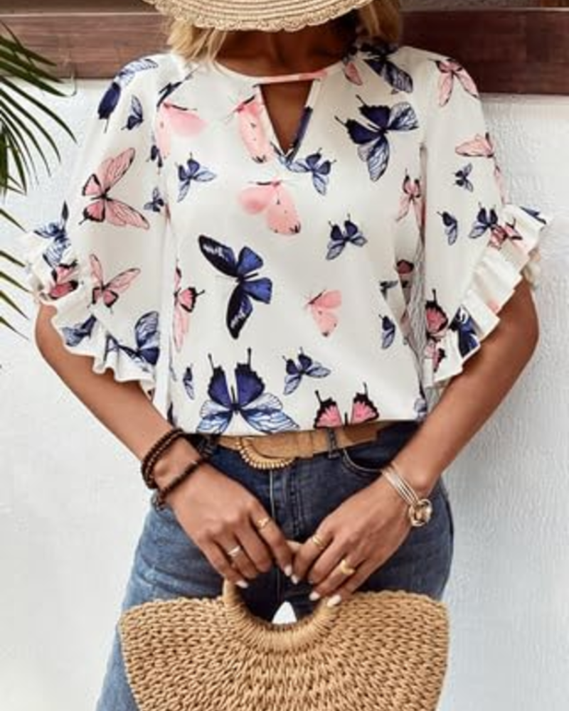 White butterfly print blouse with loose fit and flounced short sleeves, front view
