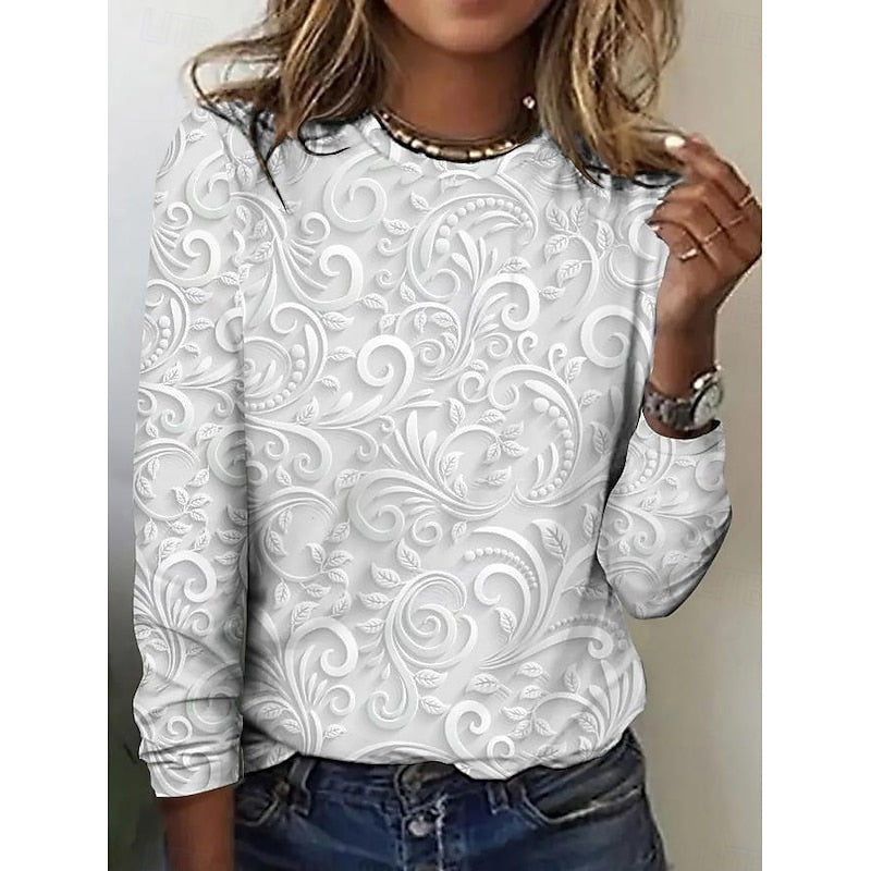 Pearl long-sleeve tunic with embossed floral scroll pattern, round neckline