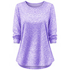 Women's lilac floral-print tunic front view, crew neck, long sleeves