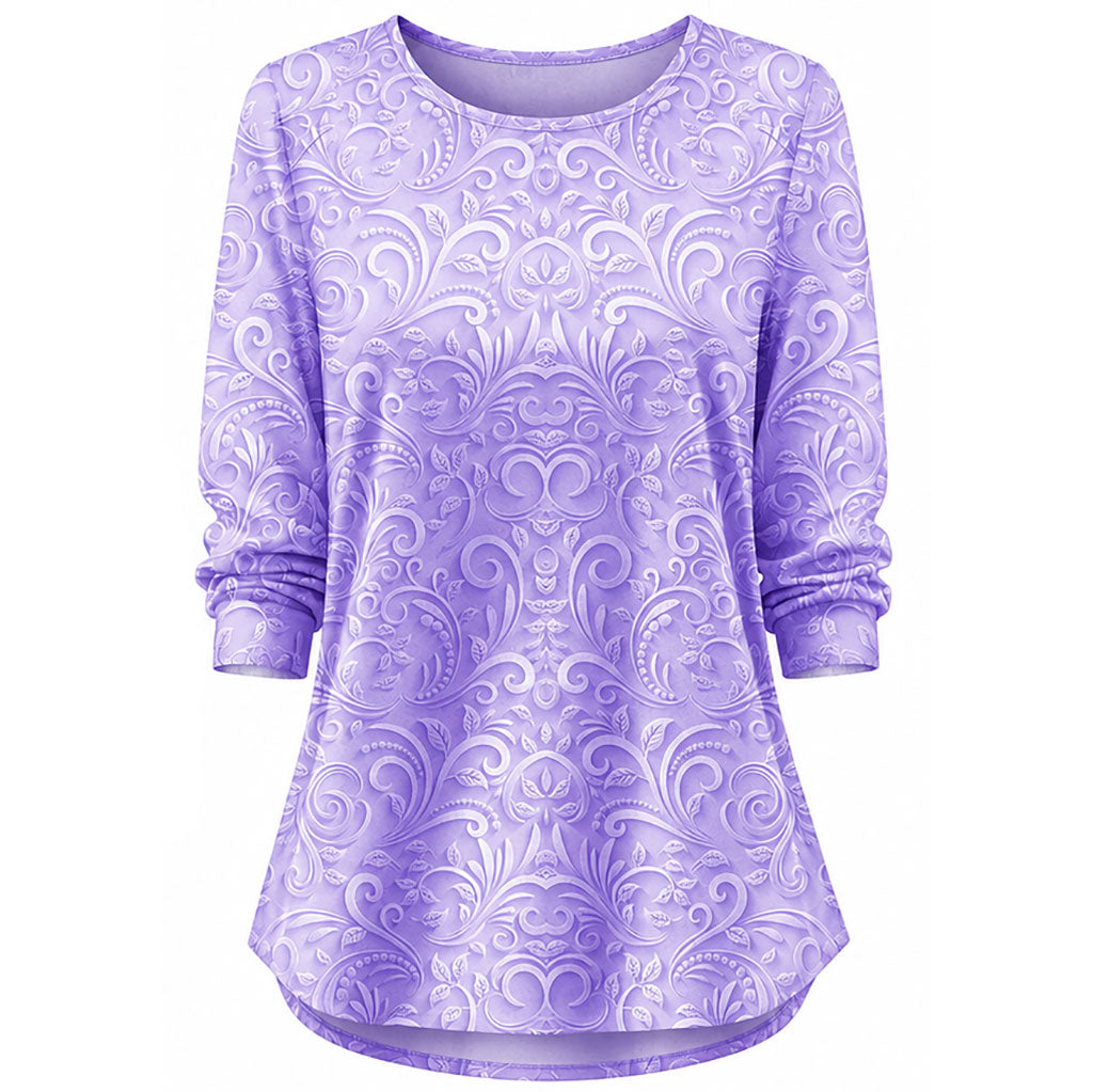Women's lilac floral-print tunic front view, crew neck, long sleeves