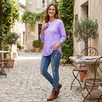 Women's purple floral-print long-sleeve tunic, crew neck, relaxed fit