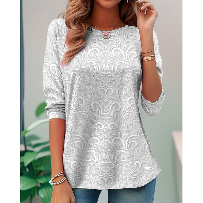Pearl long-sleeve tunic with embossed floral scroll pattern, loose fit