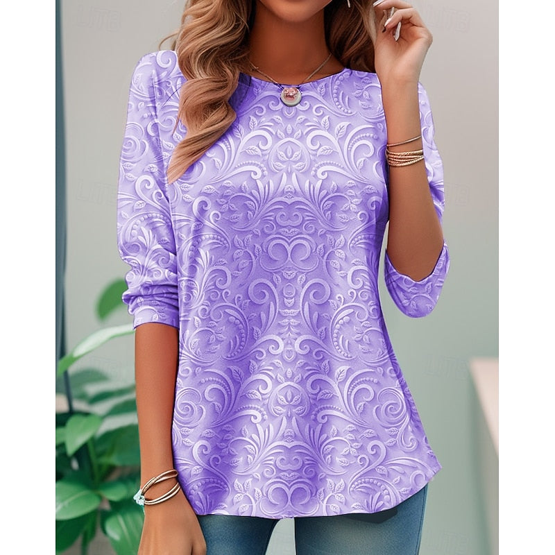 Purple long-sleeve tunic with embossed floral scroll pattern and loose fit