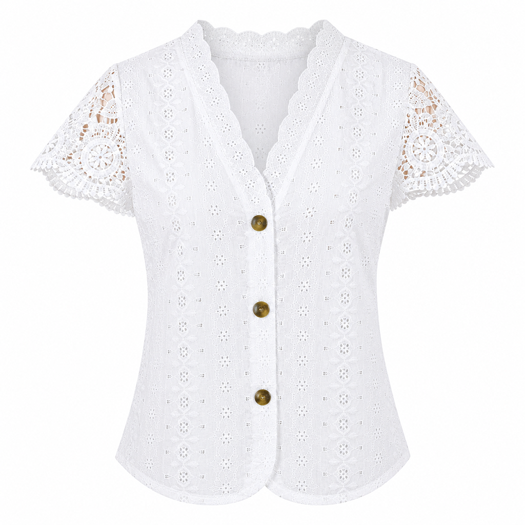White cotton eyelet tunic blouse, V-neck, button front, short sleeves