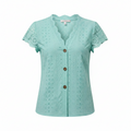Women's knit V-neck blouse, turquoise eyelet knit with lace sleeves and button front