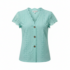 Women's knit V-neck blouse, turquoise eyelet knit with lace sleeves and button front