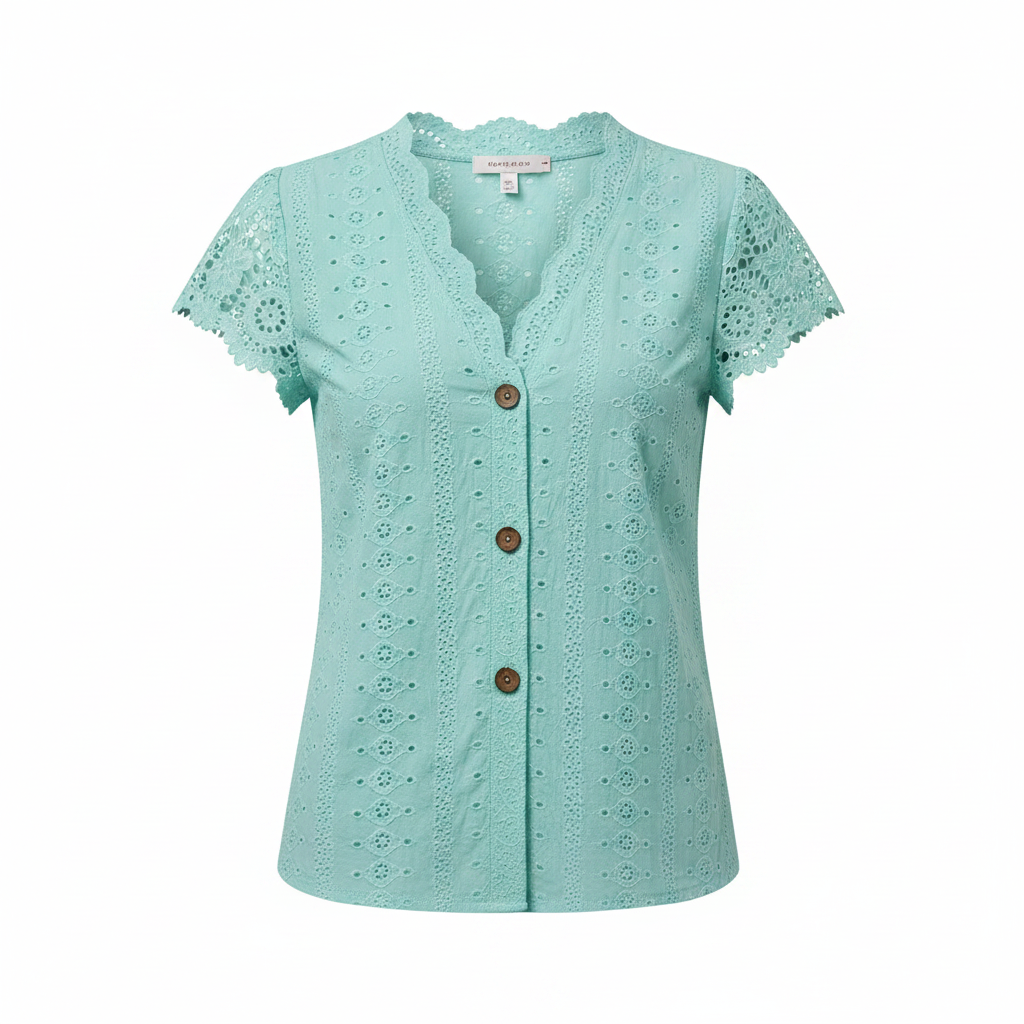 Women's knit V-neck blouse, turquoise eyelet knit with lace sleeves and button front