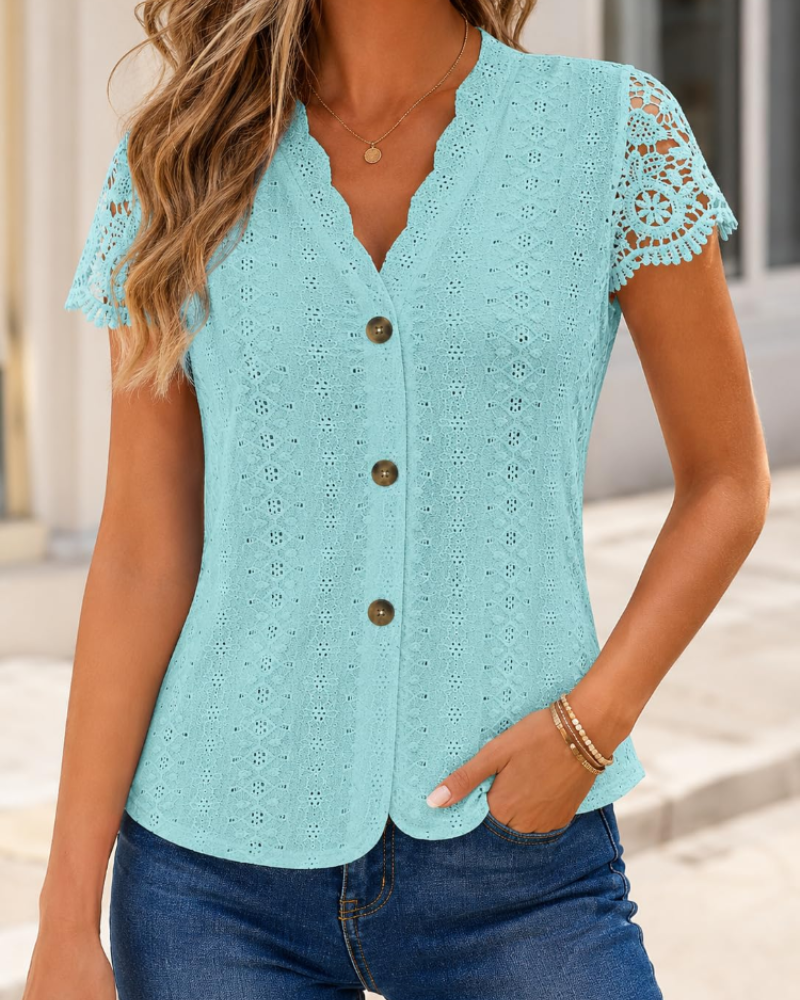 Women's knit V-neck blouse, turquoise with lace sleeves and gold button placket