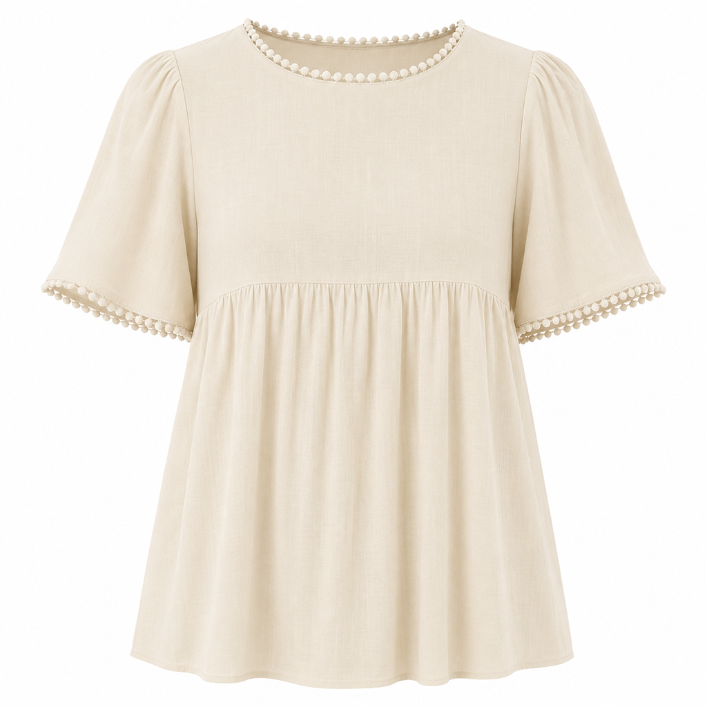 Beige womens relaxed-fit short-sleeve t-shirt with pearl-trim round neck