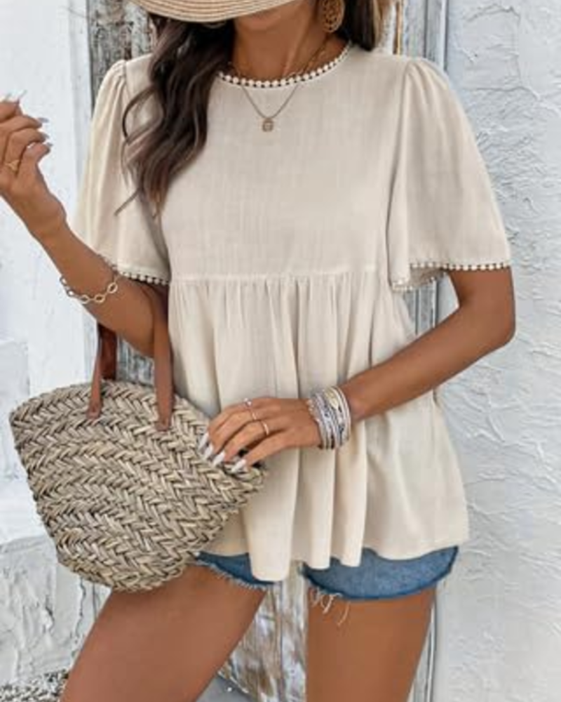 Beige round-neck peplum t-shirt with pearl trim at sleeves and hem