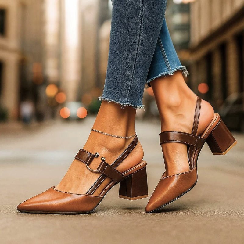 Brown slingback block heels with pointed toe and buckle strap, chunky heel