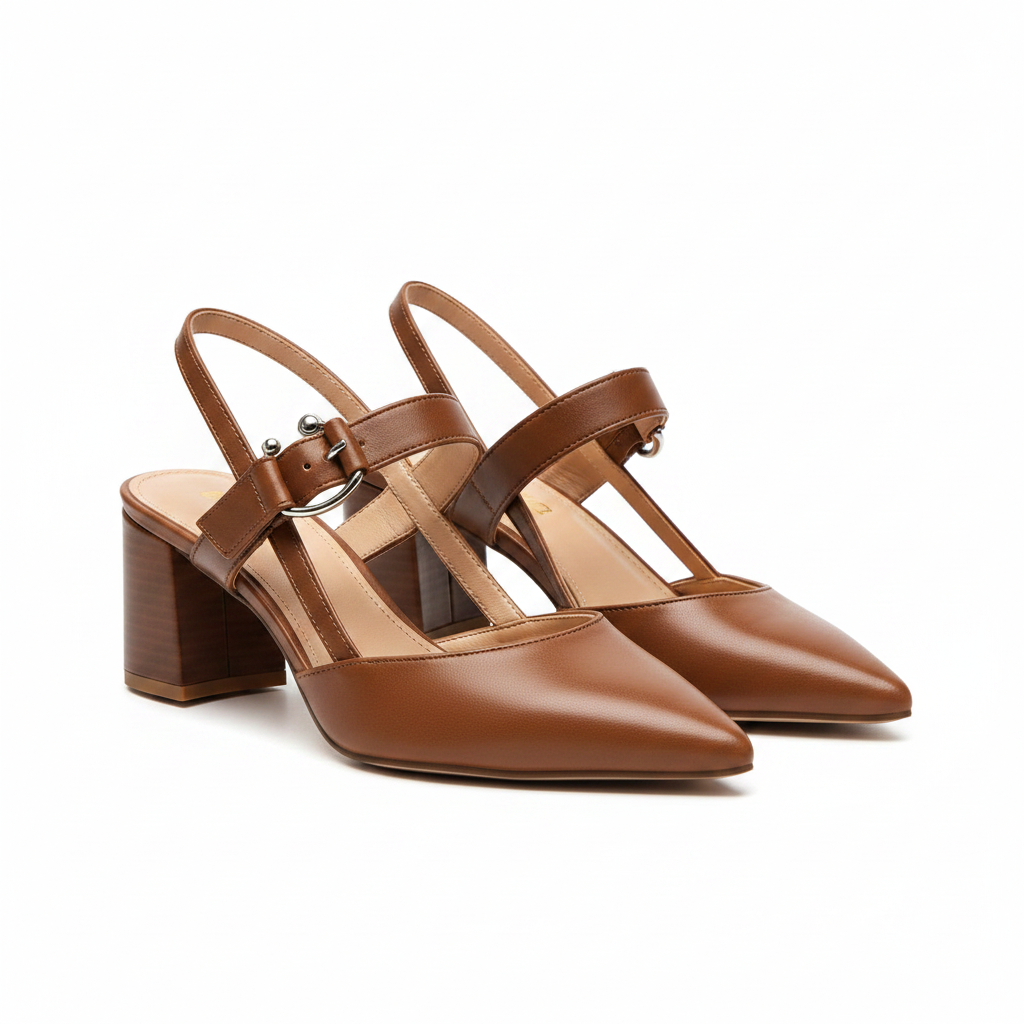 Women's Pointed Toe Block Heel Slingback Heels Buckle Strap Leather