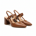 Women's Pointed Toe Block Heel Slingback Heels Buckle Strap Leather
