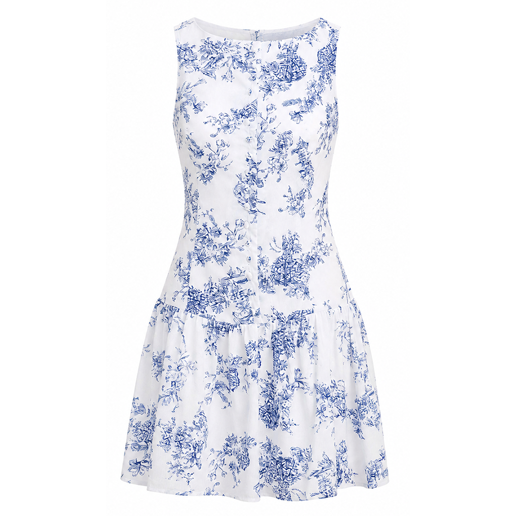Floral print mini dress with sleeveless boat neck and gathered tiered skirt, blue on white