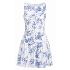 Floral print mini dress with sleeveless boat neck and gathered tiered skirt, blue on white