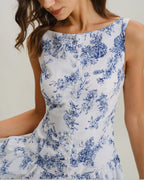 Sleeveless boat-neck floral mini dress, blue pattern on white with gathered waist