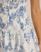 Floral print mini dress bodice and gathered skirt, blue blooms on white