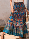 Bohemian patchwork A-line skirt with elastic waistband, peacock blue multicolor print