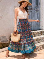 Bohemian patchwork A-line skirt with elastic waistband, peacock blue and red ornate print