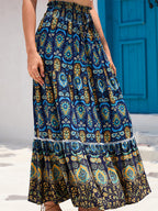 Bohemian patchwork A-line skirt with elastic waistband, navy blue ornate print tiered hem