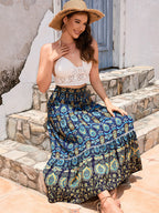 Bohemian patchwork A-line skirt with elastic waistband, peacock blue ornate pattern tiered