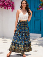 Bohemian patchwork A-line skirt with elastic waistband, navy blue multicolor paisley print