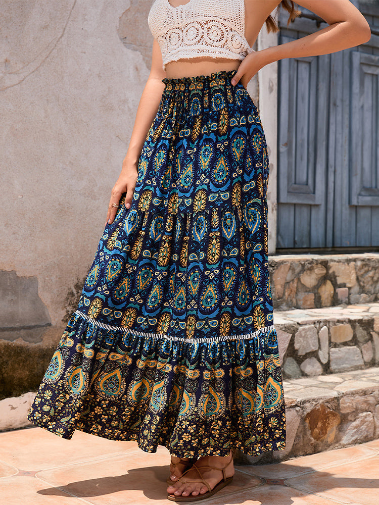 Bohemian patchwork A-line skirt with elastic waistband, navy blue tiered ruffle hem