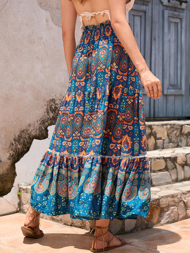 Bohemian patchwork A-line skirt with elastic waistband, blue multicolor paisley print