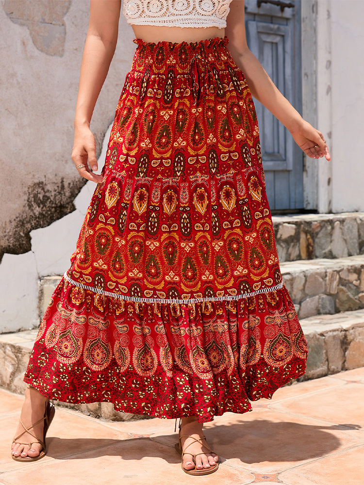 Bohemian patchwork A-line skirt with elastic waistband, red multicolor ornate print