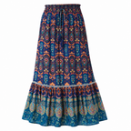Bohemian A-line skirt with elastic high waist, tiered paisley patchwork print in peacock blue.