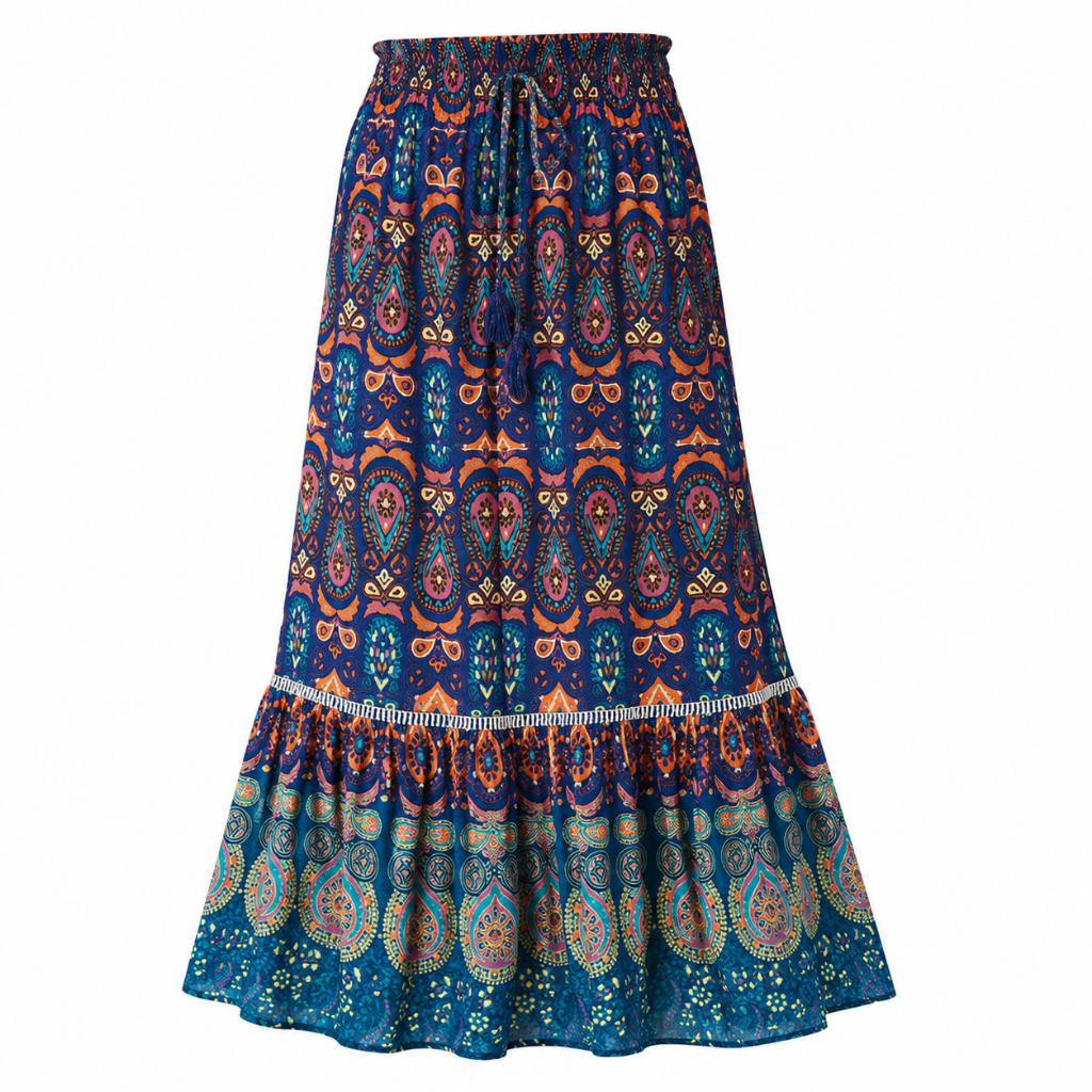 Bohemian A-line skirt with elastic high waist, tiered paisley patchwork print in peacock blue.