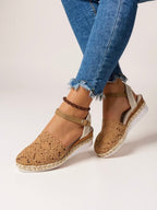 Brown crochet espadrille sandals with ankle strap and textured jute-style sole