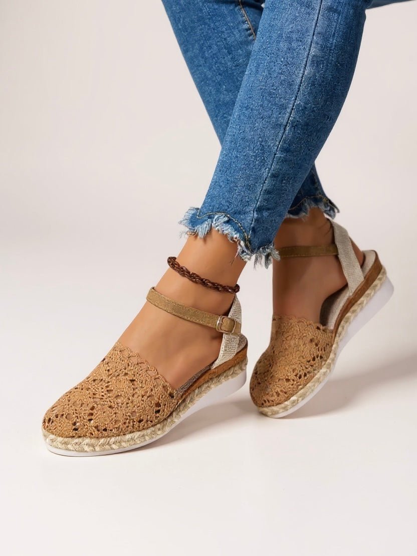 Brown crochet espadrille sandals with ankle strap and textured jute-style sole
