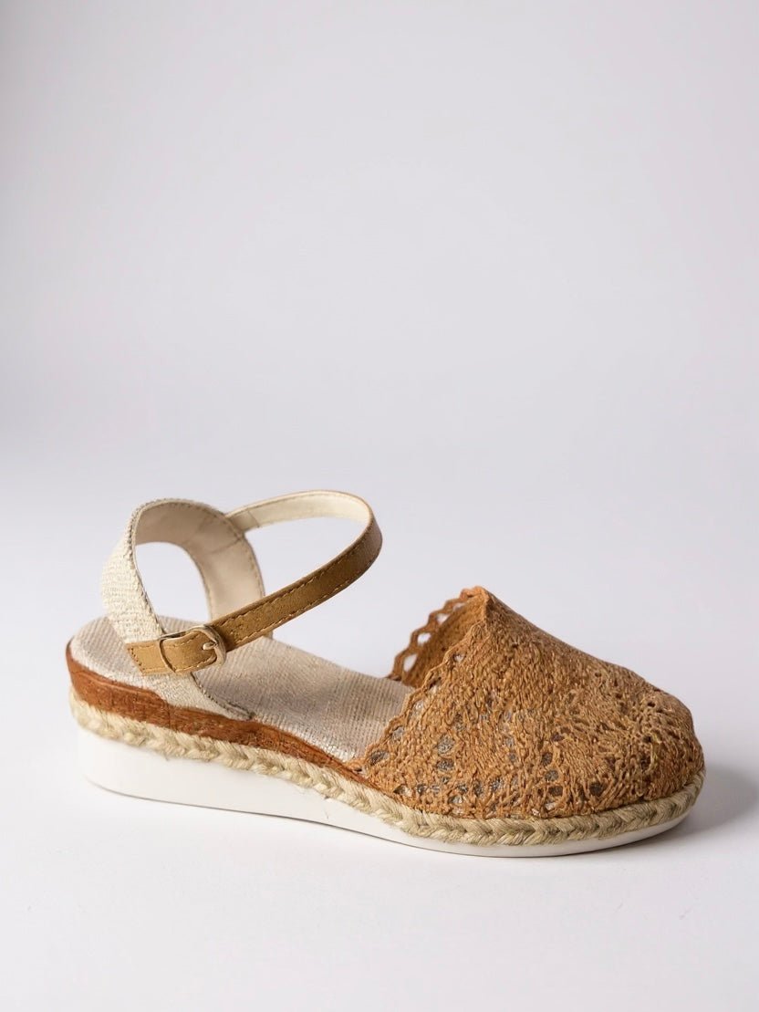 Beige crochet espadrille sandals with ankle strap and jute-style wedge sole
