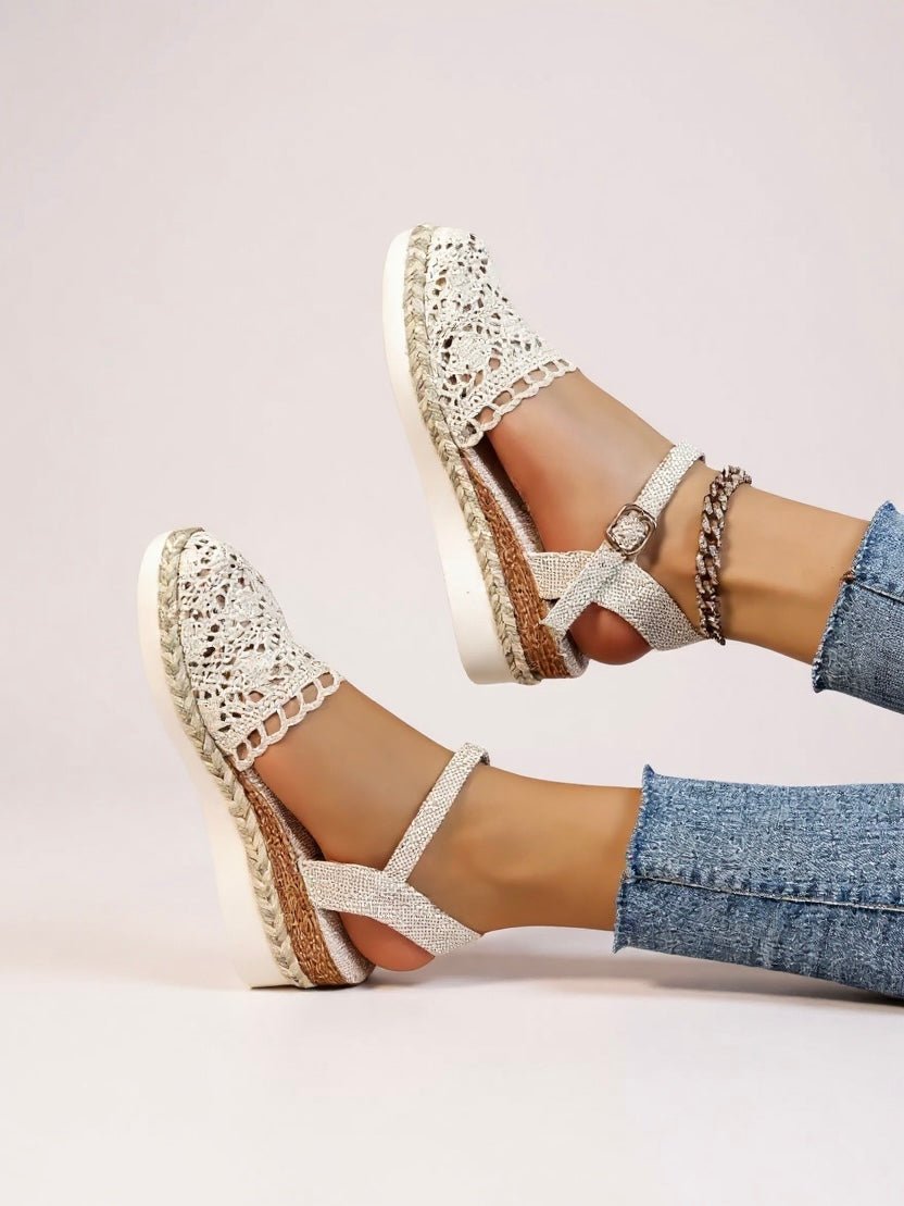 Beige crochet espadrille sandals with ankle strap and cutout side detail