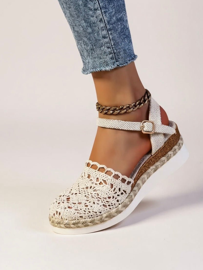 Beige crochet espadrille sandal with chain ankle strap and jute-style sole