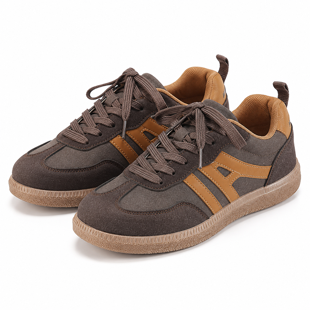 Women's brown low-top lace-up panel sneakers with contrast stripes and tan sole