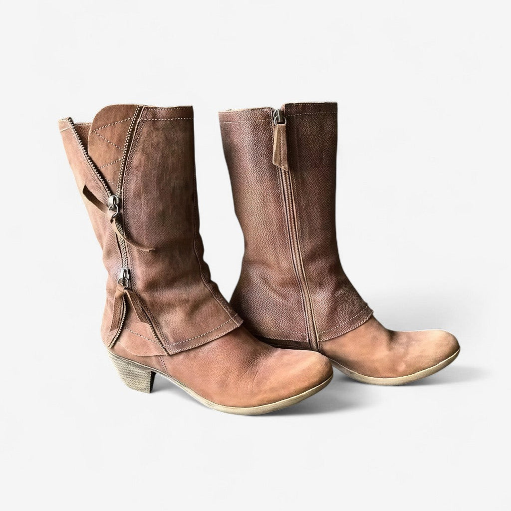 Brown mid-calf boots with side zipper and stitched seam detail, low block heel