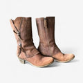 Brown mid-calf boots with side zipper and stitched seam detail, low block heel